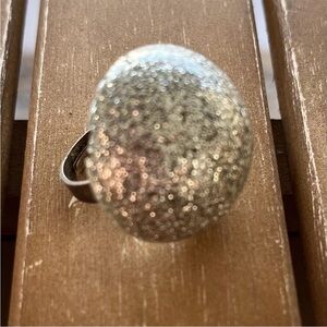 Silver Glitter Resin Dome Circle Ring Adjustable Metal Handmade Costume Jewelry